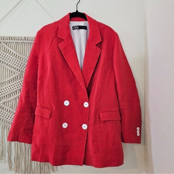Zara Jackets & Blazers - LAST CHANCE Zara Red Double-Breasted Linen Blazer with Textured Fabric(Oversized